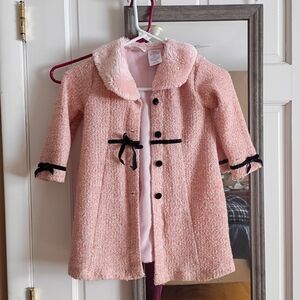 Blueberi Boulevard Girls Pink Bouclé Long Coat Button Closure Bow Accent Size 4